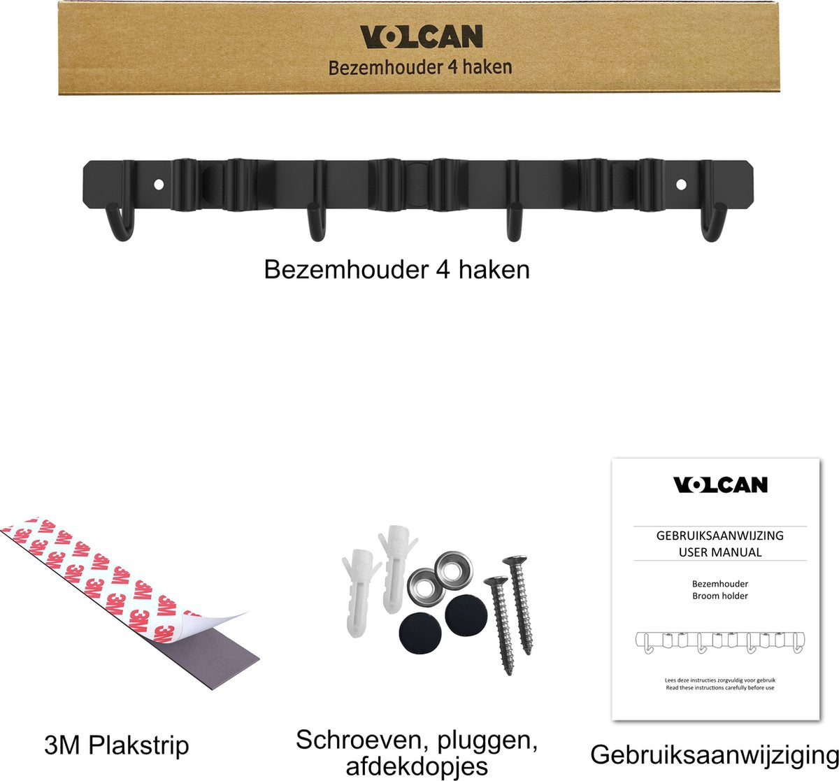Volcan Bezemhouder - Bezem Ophangsysteem Tuingereedschap - Gereedschapshouder - Zelfklevend - 3M Tape - 3 Houders 4 Haken - RVS Zwart