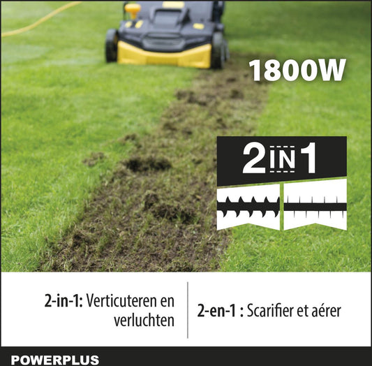 Powerplus POWXG7516 Elektrische Verticuteermachine - Mos Verwijderaar - 1800W - 360mm Maaibreedte- 45L Opvangbak - Incl. Gazonbeluchter/grasbeluchter