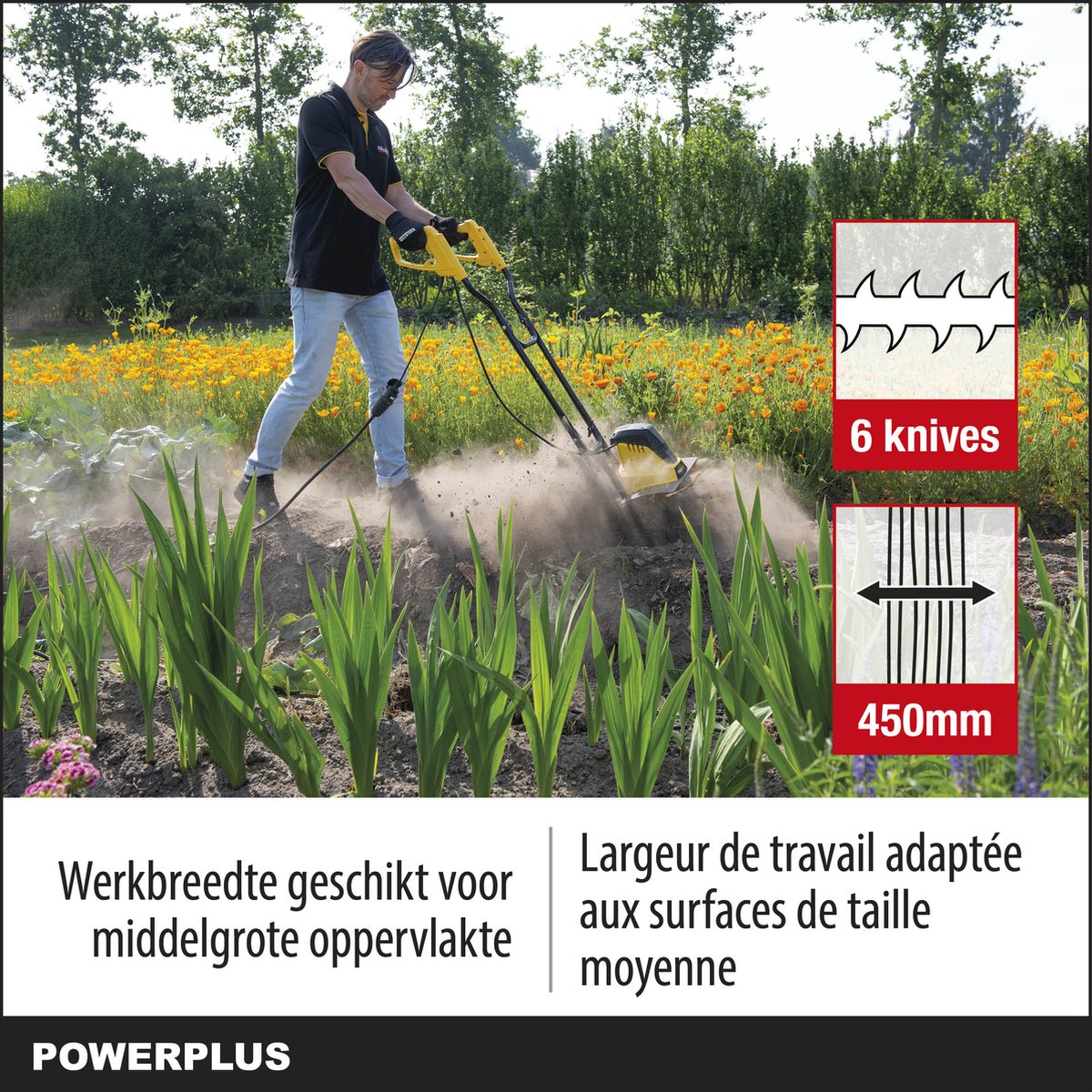 Powerplus POWXG72010 Tuinfrees - 1500W - Werkbreedte 450mm - Werkdiepte Max. 220mm - Incl. 6 Messen En Wielen