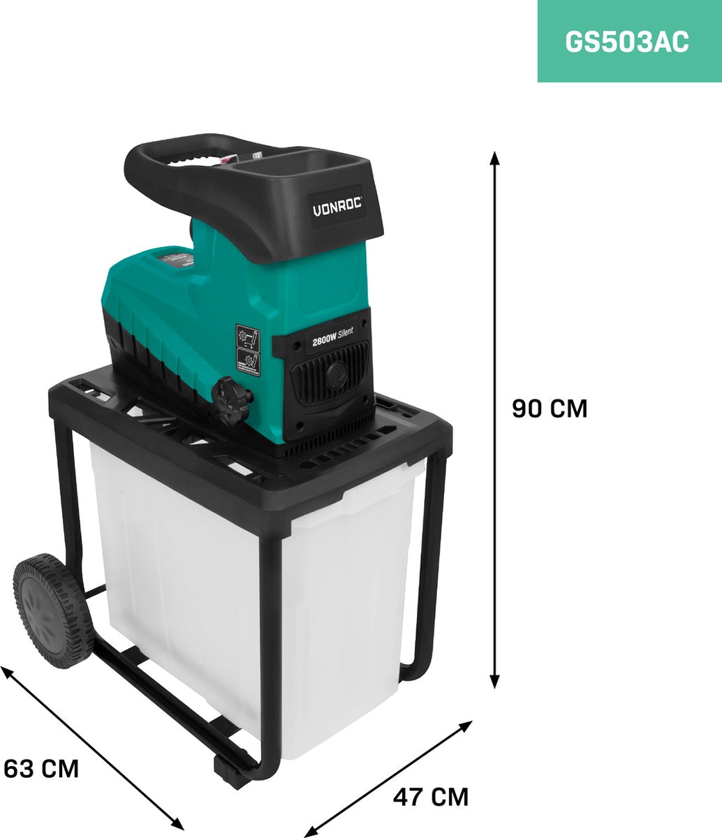  VONROC Stille Hakselaar/Shredder 2800W – Voor Takken Tot Ø45mm – Incl. 60L Opvangbak &amp; Duwstok