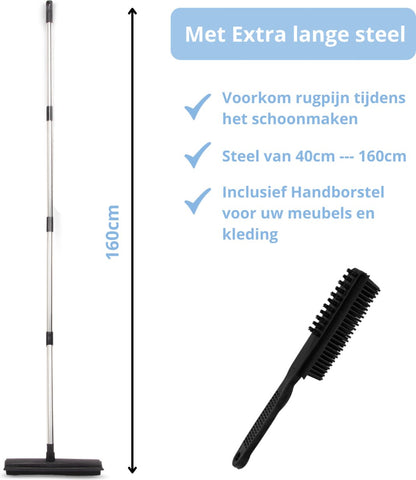  2 In 1 Rubberen Bezem – Bezem Binnen &amp; Buiten – Vloerwisser Met Steel - Met Huisdierhaar Verwijderaar - Vloertrekker – Veger - Extra Lang 160cm