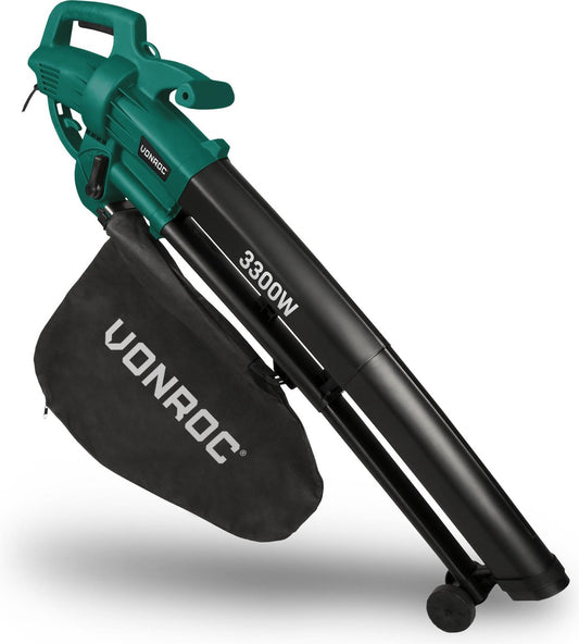  VONROC 3-in-1 Bladblazer – 3300W – Blazen, Zuigen &amp; Versnipperen – 270km/h – Incl. 40L Opvangzak