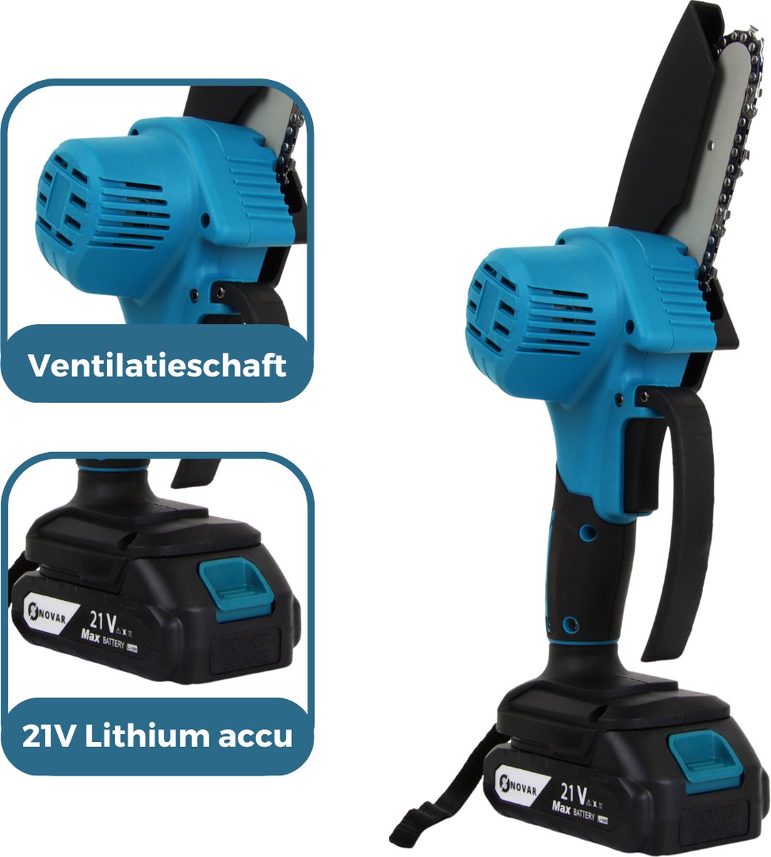  NovarGarden® Mini Kettingzaag NG1 - Met 2x Accu - Takkenzaag - Snoeizaag - Electrisch - Handzaag - Boomzaag - 21V