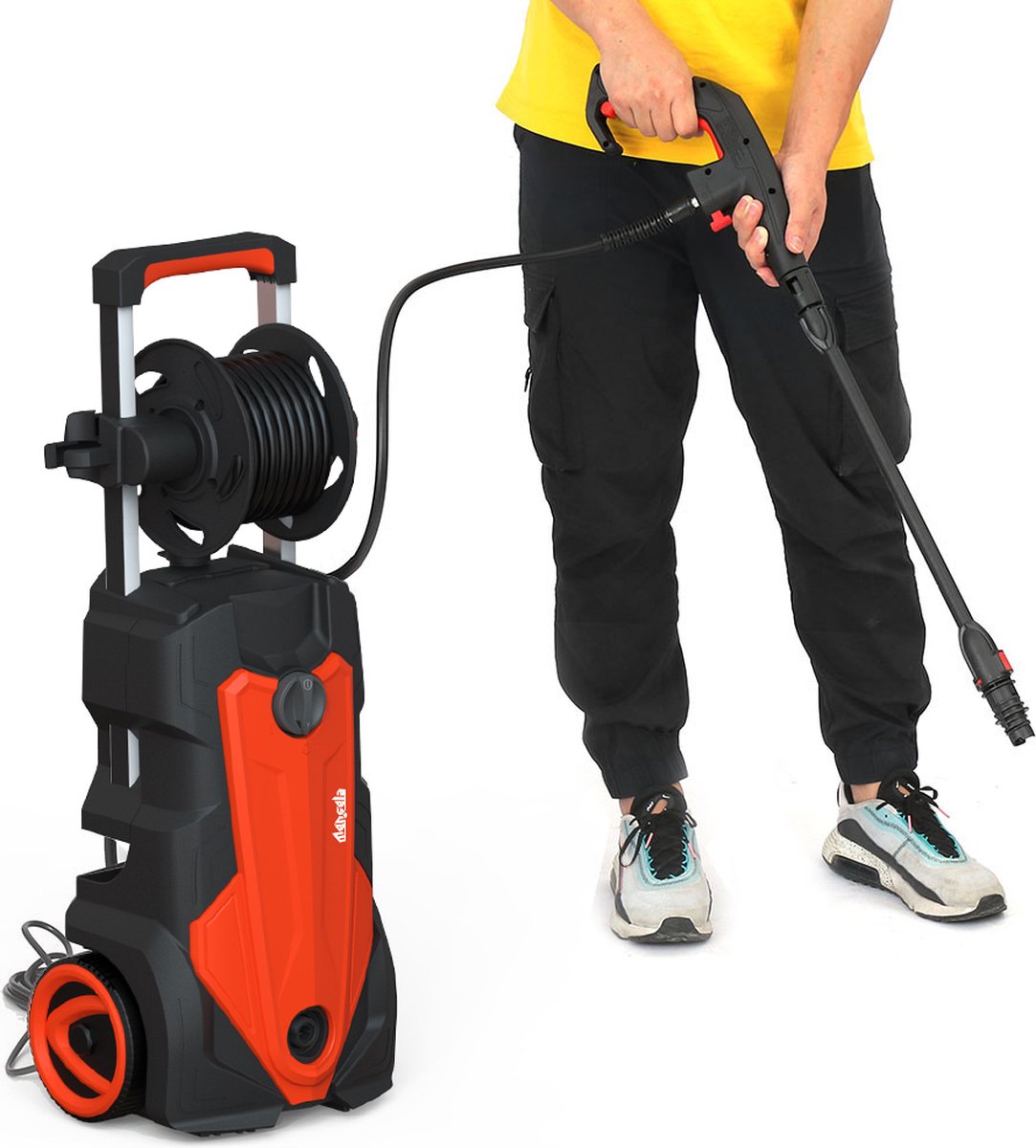Merkloos Home Hogedrukreiniger - 2100W - 165 Bar - Met Verstelbare Nozzles Slanghaspel 5m Netsnoer 10m Slang - Voor Reiniging Huis Auto Tuin
