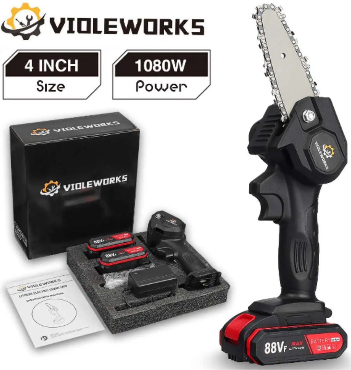 Violeworks® Accu Kettingzaag - Snoeizaag - Mini Kettingzaag - Handkettingzaag - Ook Voor Makita - Elektrische Kettingzaag - Elektrische Snoeischaar - Op Batterij - 2900 MAh - 1080W - 88V