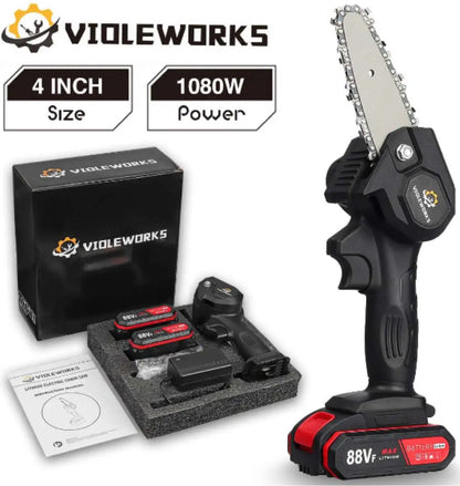  Violeworks® Accu Kettingzaag - Snoeizaag - Mini Kettingzaag - Handkettingzaag - Ook Voor Makita - Elektrische Kettingzaag - Elektrische Snoeischaar - Op Batterij - 2900 MAh - 1080W - 88V