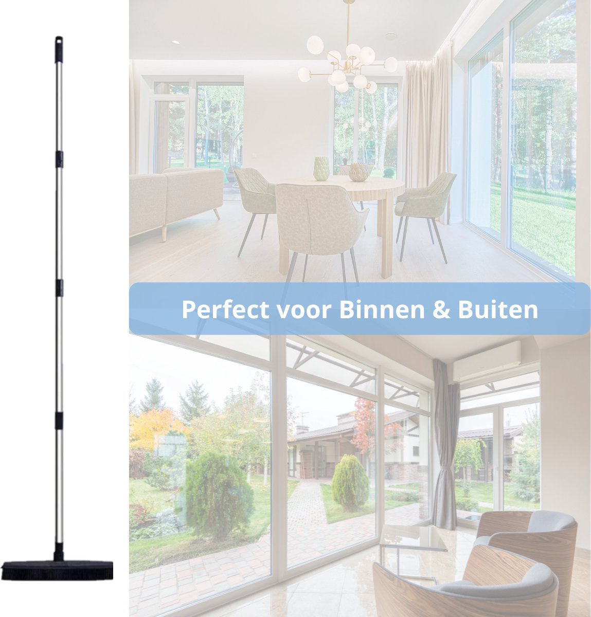  2 In 1 Rubberen Bezem – Bezem Binnen &amp; Buiten – Vloerwisser Met Steel - Met Huisdierhaar Verwijderaar - Vloertrekker – Veger - Extra Lang 160cm