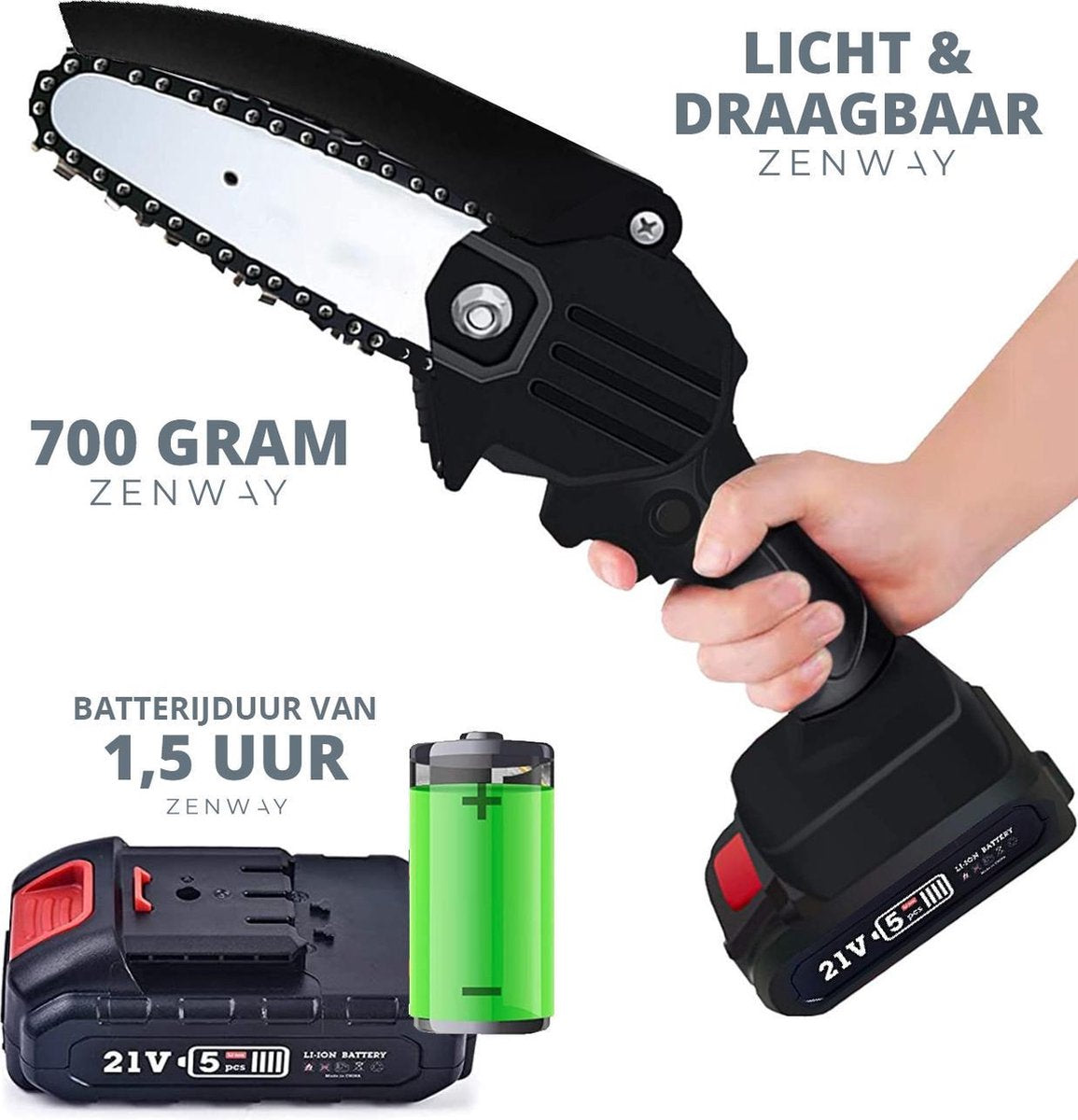  Zenway - Mini Kettingzaag - Snoeizaag - Kettingzaag - Kettingzaag Elektrisch Met 1 Accu- Inclusief Koffer - 1 Extra Accu - Zwart