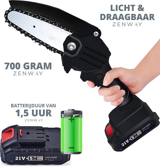  Zenway - Mini Kettingzaag - Snoeizaag - Kettingzaag - Kettingzaag Elektrisch Met 1 Accu- Inclusief Koffer - 1 Extra Accu - Zwart