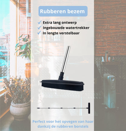  De Blaffende Kat 2 In 1 Rubberen Bezem – Bezem Binnen &amp; Buiten – Vloerwisser Met Steel - Vloertrekker – Veger - Extra Lang 160cm