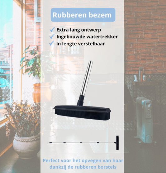  De Blaffende Kat 2 In 1 Rubberen Bezem – Bezem Binnen &amp; Buiten – Vloerwisser Met Steel - Vloertrekker – Veger - Extra Lang 160cm