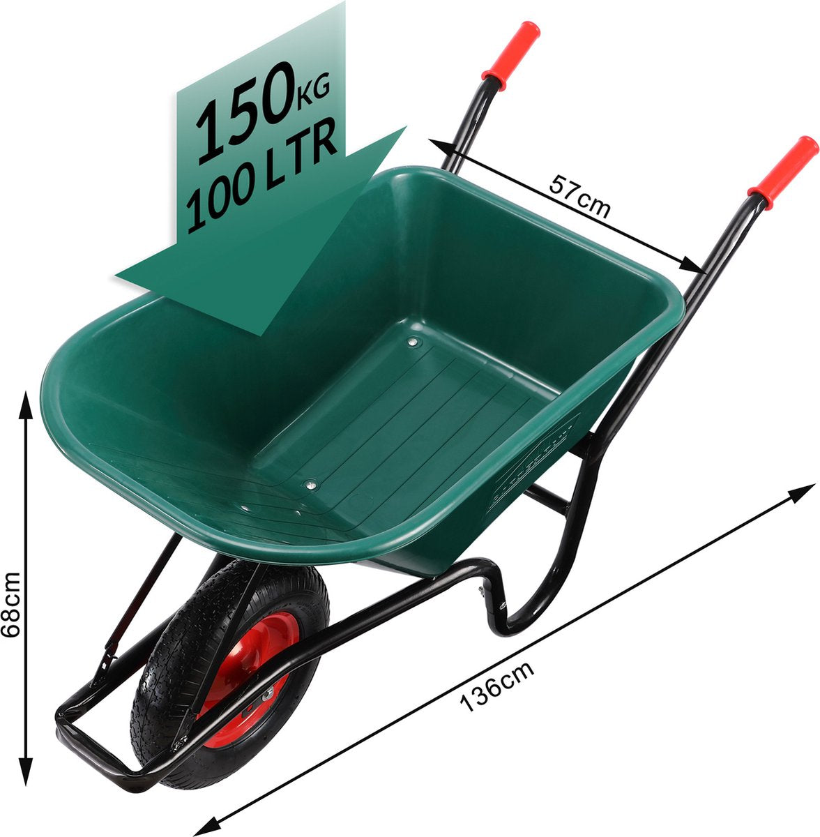  Gardebruk Kruiwagen 100 L - Kunststof Kuip – Tot 150KG Groen