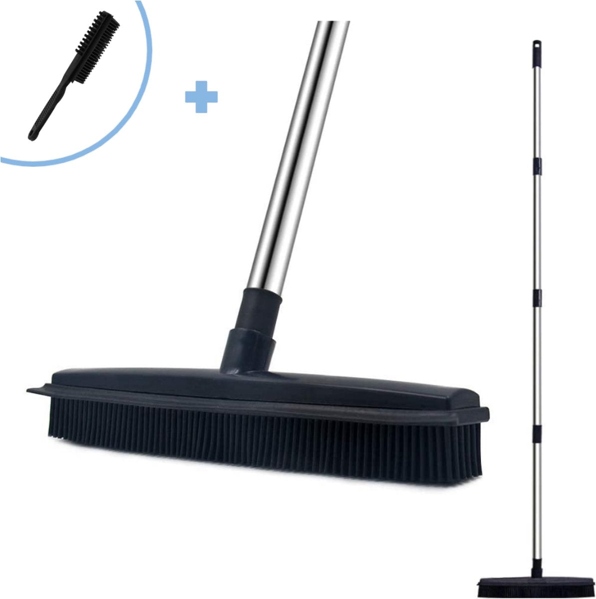  2 In 1 Rubberen Bezem – Bezem Binnen &amp; Buiten – Vloerwisser Met Steel - Met Huisdierhaar Verwijderaar - Vloertrekker – Veger - Extra Lang 160cm