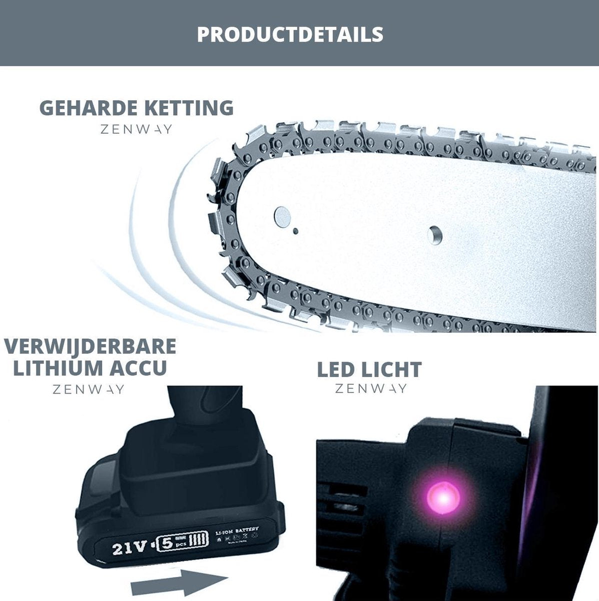 Zenway - Mini Kettingzaag - Snoeizaag - Kettingzaag - Kettingzaag Elektrisch Met 1 Accu- Inclusief Koffer - 1 Extra Accu - Zwart