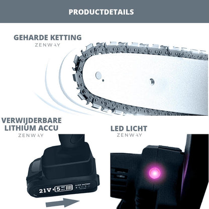  Zenway - Mini Kettingzaag - Snoeizaag - Kettingzaag - Kettingzaag Elektrisch Met 1 Accu- Inclusief Koffer - 1 Extra Accu - Zwart