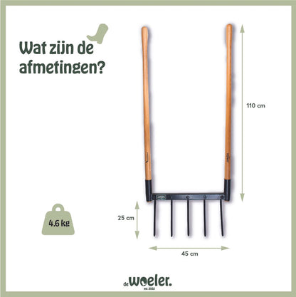  De Woeler - DW5 - Woelvork Grelinette - Spitvork/Tuinwoeler/Spade - Roestvrij - Ergonomisch - FSC Hout - 6 Jaar Garantie