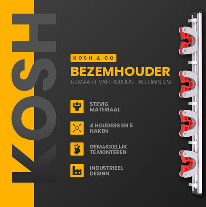 Merkloos Stevige Bezemhouder - Aluminium - Ophangsysteem Bezem - 5 Haken &amp; 4 Houders - Gereedschaphouder - Opbergsysteem
