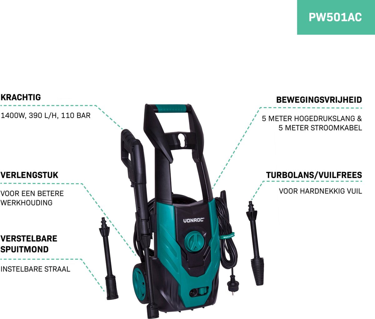  VONROC Hogedrukreiniger V14-1 - 1400W – 110 Bar – 390 L/h – Incl. 5m Slang, Spuitstukken En Accessoires
