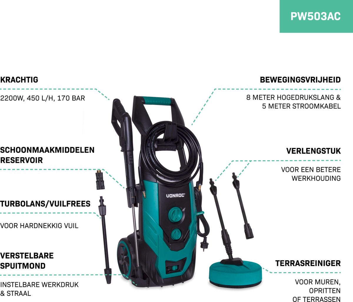  VONROC Hogedrukreiniger V22-2 2200W – 170 Bar – 450 L/h – Incl. 8m Slang, Terrasreiniger, Reinigingstank En Meer