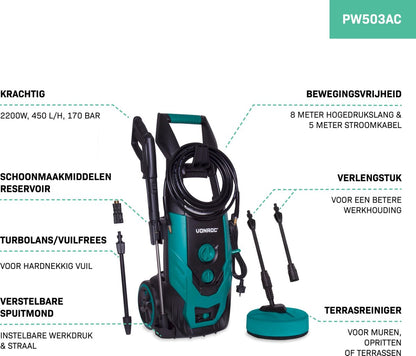  VONROC Hogedrukreiniger V22-2 2200W – 170 Bar – 450 L/h – Incl. 8m Slang, Terrasreiniger, Reinigingstank En Meer