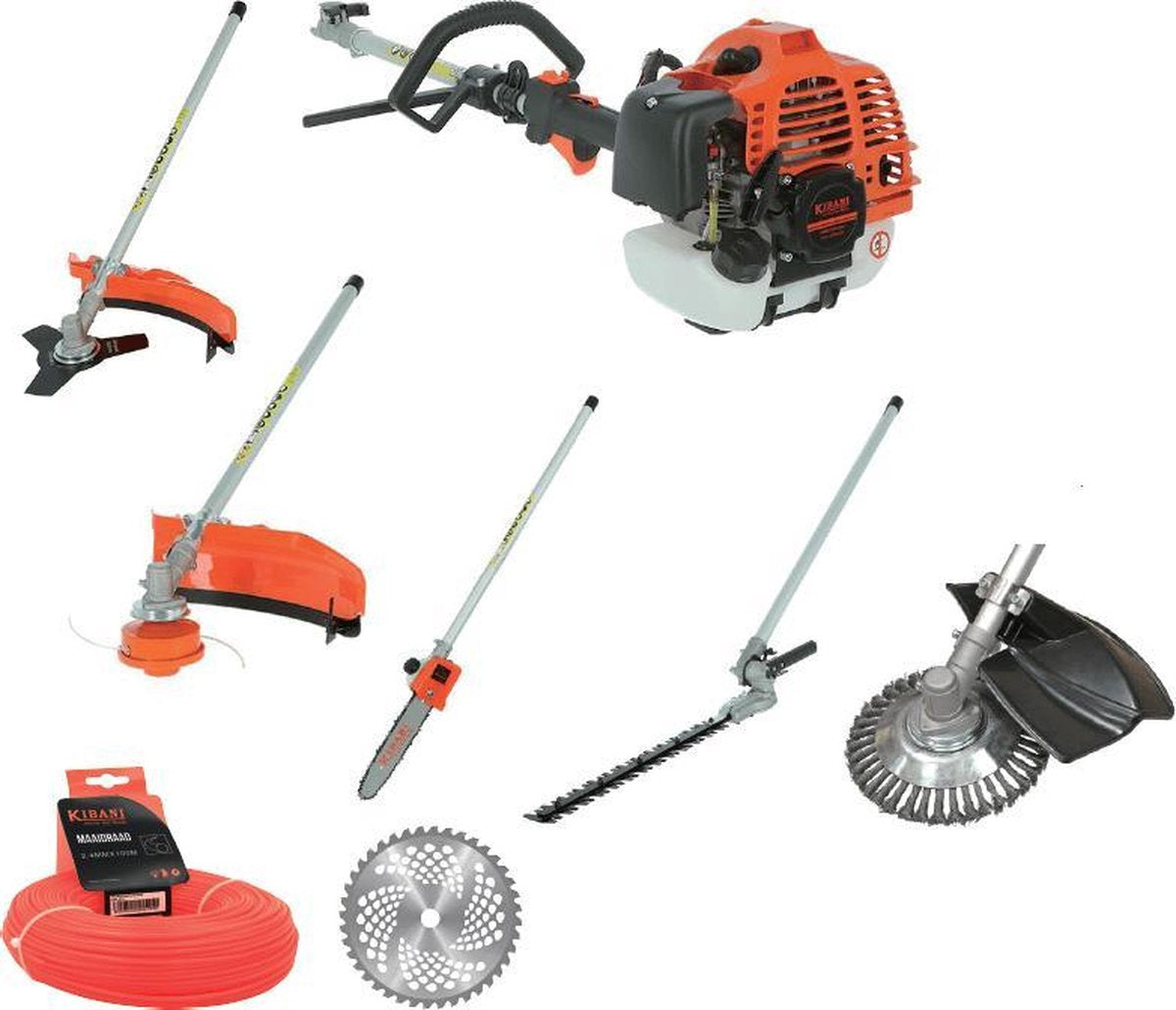  Kibani 6-in-1 Multitool - 52 Cc / 1.9 PK 2-takt Benzine Motor - Heggenschaar, Kettingzaag, Grastrimmer, Maaidraad 100M, Onkruidborstel, Zaagblad, Maaidraad 100 M &amp; Bosmaaier