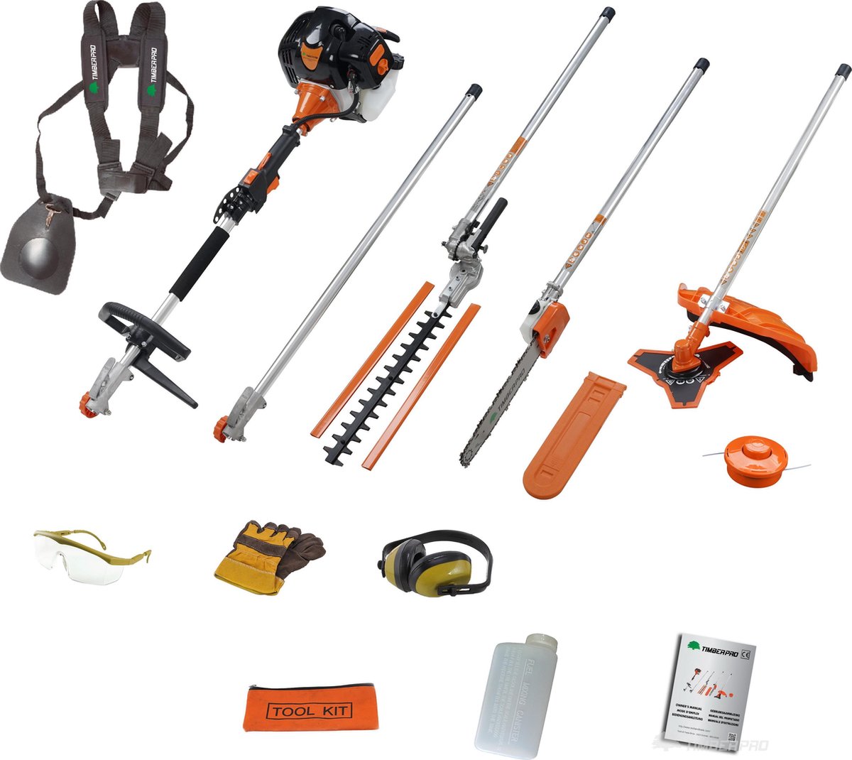  TIMBERPRO - 5-in-1 – Multitool – Benzine - Kettingzaag - Bosmaaier -Kantenmaaier - Haagschaar - Verlengstuk - 52 Cc.