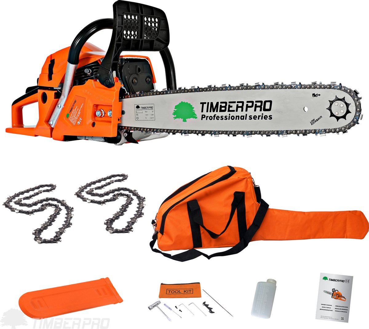  TIMBERPRO - Kettingzaag - 62 Cc - Benzine - Zwaardlengte 50 Cm - Met Transportzak - Met 2e Ketting