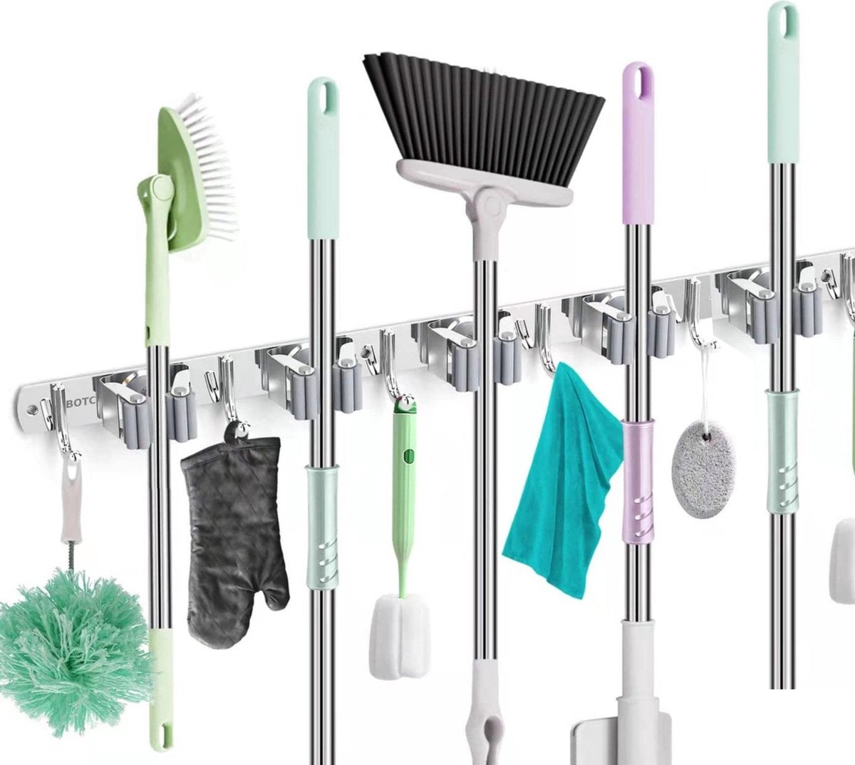  BOTC Bezemhouder - 5 Houders 6 Haken Bezem Ophangsysteem - Zeflklevend - Opbergsysteem - Ophanghaken - Tuingereedschap - Gereedschap Opbergen