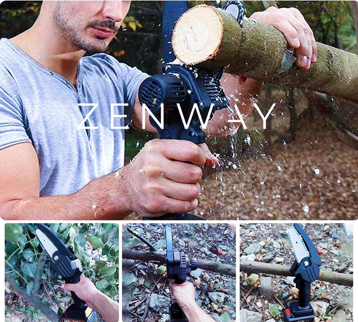 Zenway - Mini Kettingzaag - Snoeizaag - Kettingzaag - Kettingzaag Elektrisch Met 1 Accu- Inclusief Koffer - 1 Extra Accu - Zwart