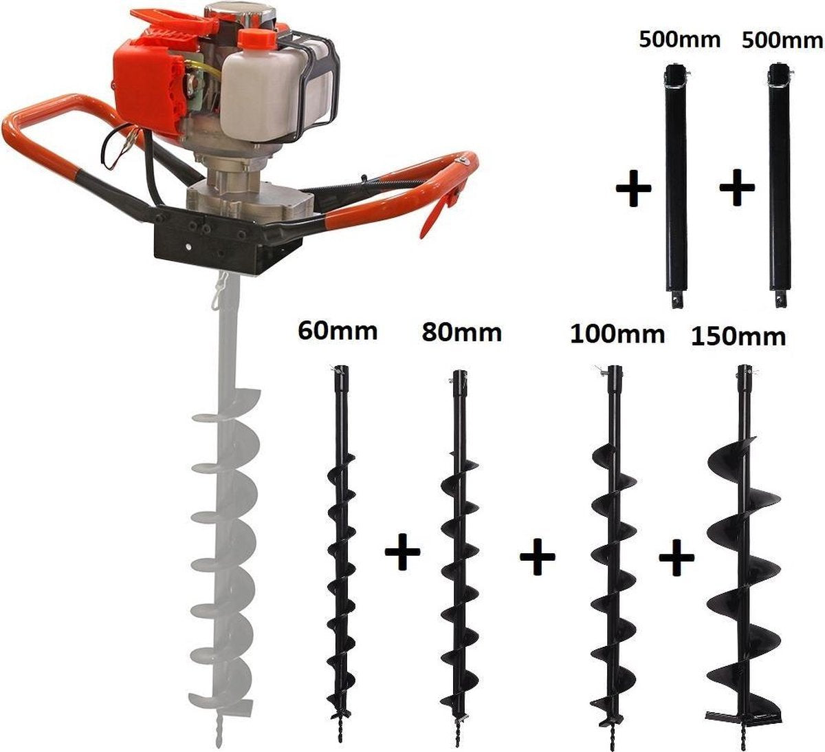  Kibani Grondboor 52cc Benzine + Grondboren Set 60 Mm + 80 Mm + 100 Mm + 150 Mm + 2 Verlengstukken - Palenboor - Grondboor Machine