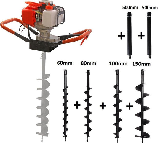  Kibani Grondboor 52cc Benzine + Grondboren Set 60 Mm + 80 Mm + 100 Mm + 150 Mm + 2 Verlengstukken - Palenboor - Grondboor Machine