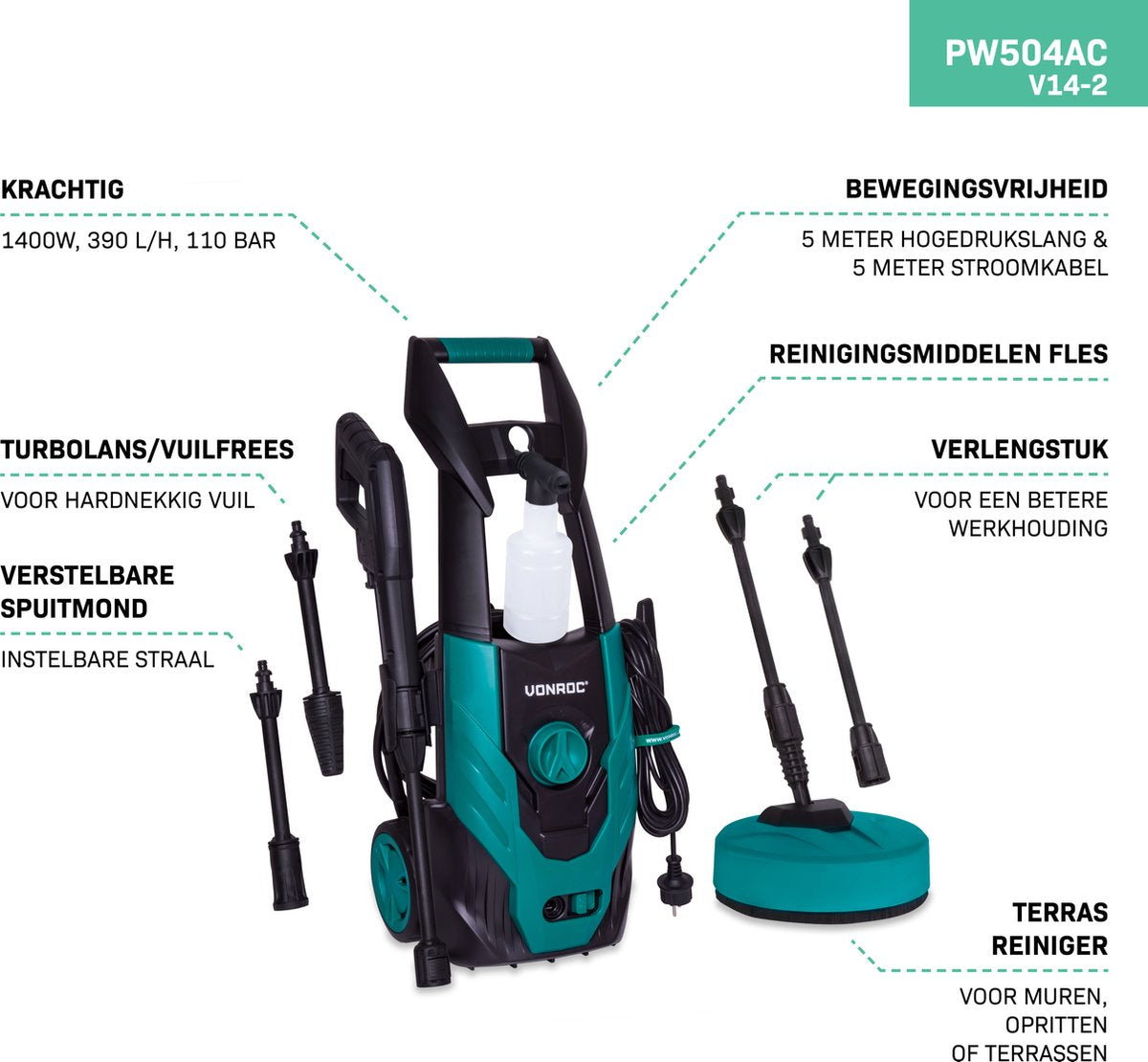  VONROC Hogedrukreiniger V14-2 - 1400W – 110 Bar – 390 L/h – Incl. 5m Slang, Reinigingsmiddelen Flesje, Terrasreiniger En Meer