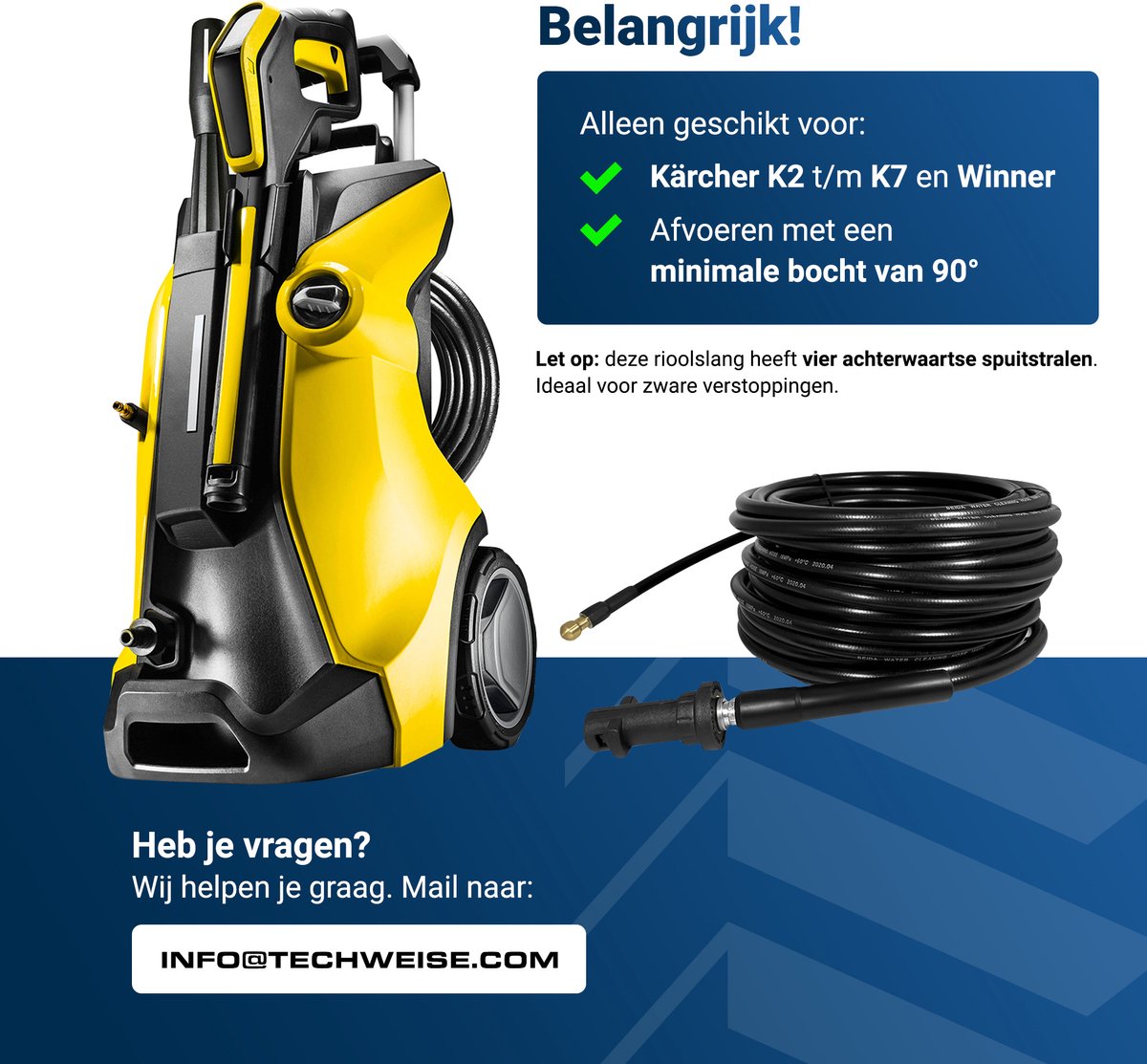  Techweise - Rioolslang Voor Kärcher K2 T/m K7 - 15M - Met 4 Achterwaartse Hogedruksproeiers