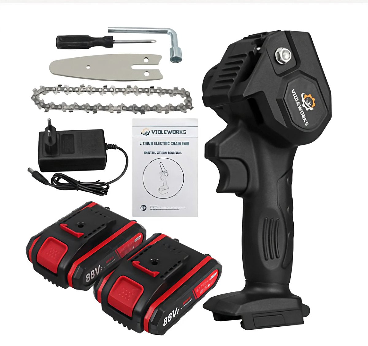  Violeworks® Accu Kettingzaag - Snoeizaag - Mini Kettingzaag - Handkettingzaag - Ook Voor Makita - Elektrische Kettingzaag - Elektrische Snoeischaar - Op Batterij - 2900 MAh - 1080W - 88V
