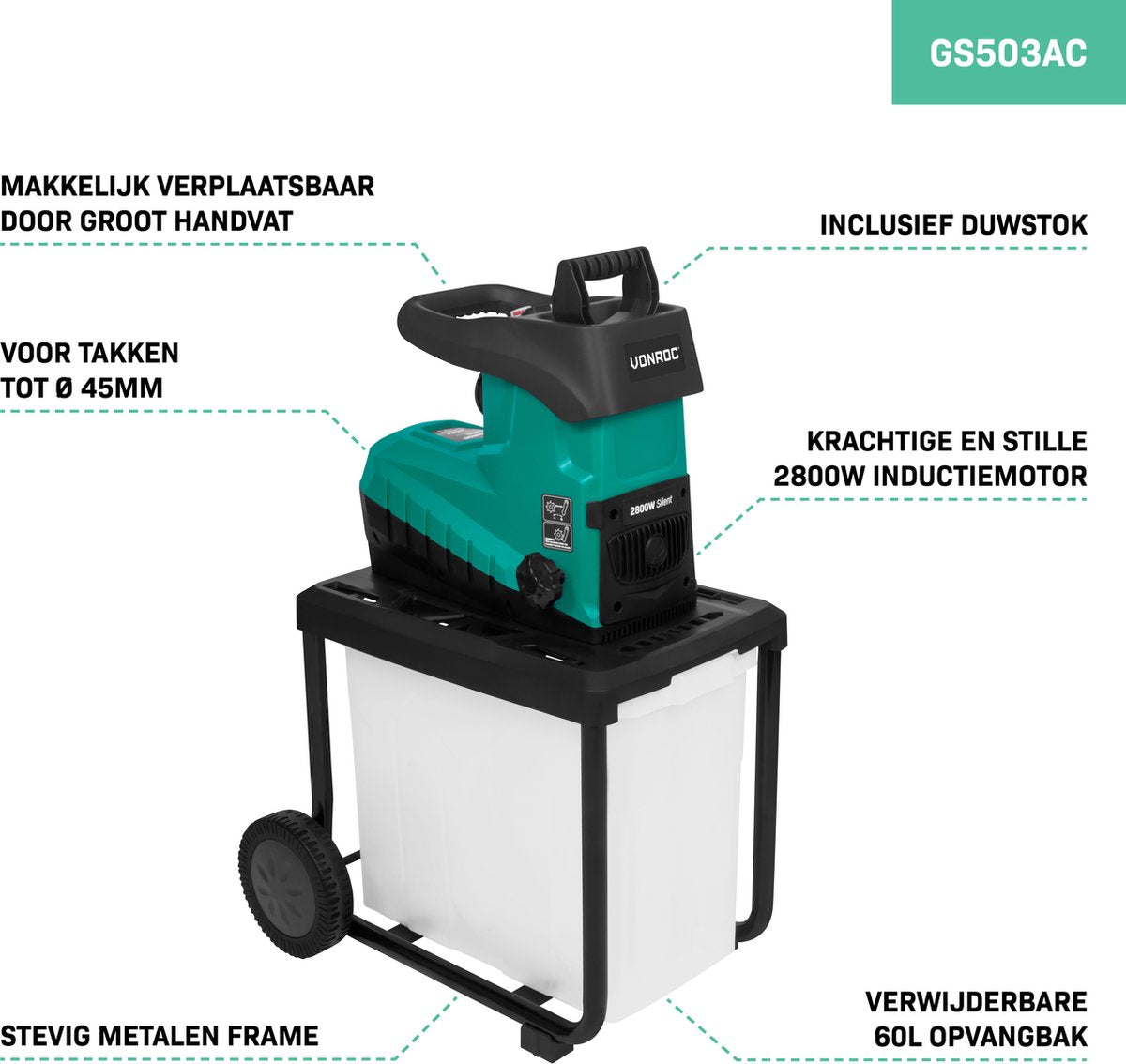  VONROC Stille Hakselaar/Shredder 2800W – Voor Takken Tot Ø45mm – Incl. 60L Opvangbak &amp; Duwstok