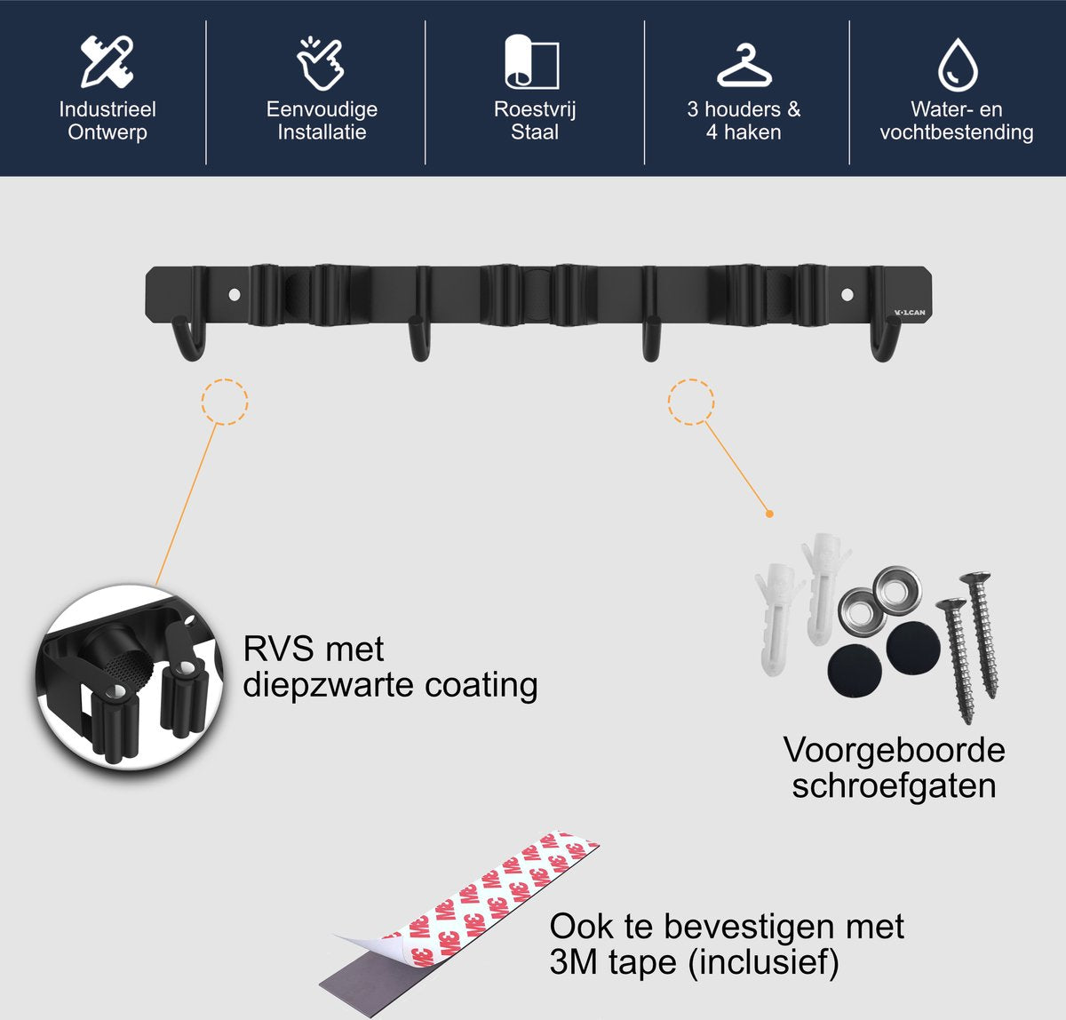  Volcan Bezemhouder - Bezem Ophangsysteem Tuingereedschap - Gereedschapshouder - Zelfklevend - 3M Tape - 3 Houders 4 Haken - RVS Zwart