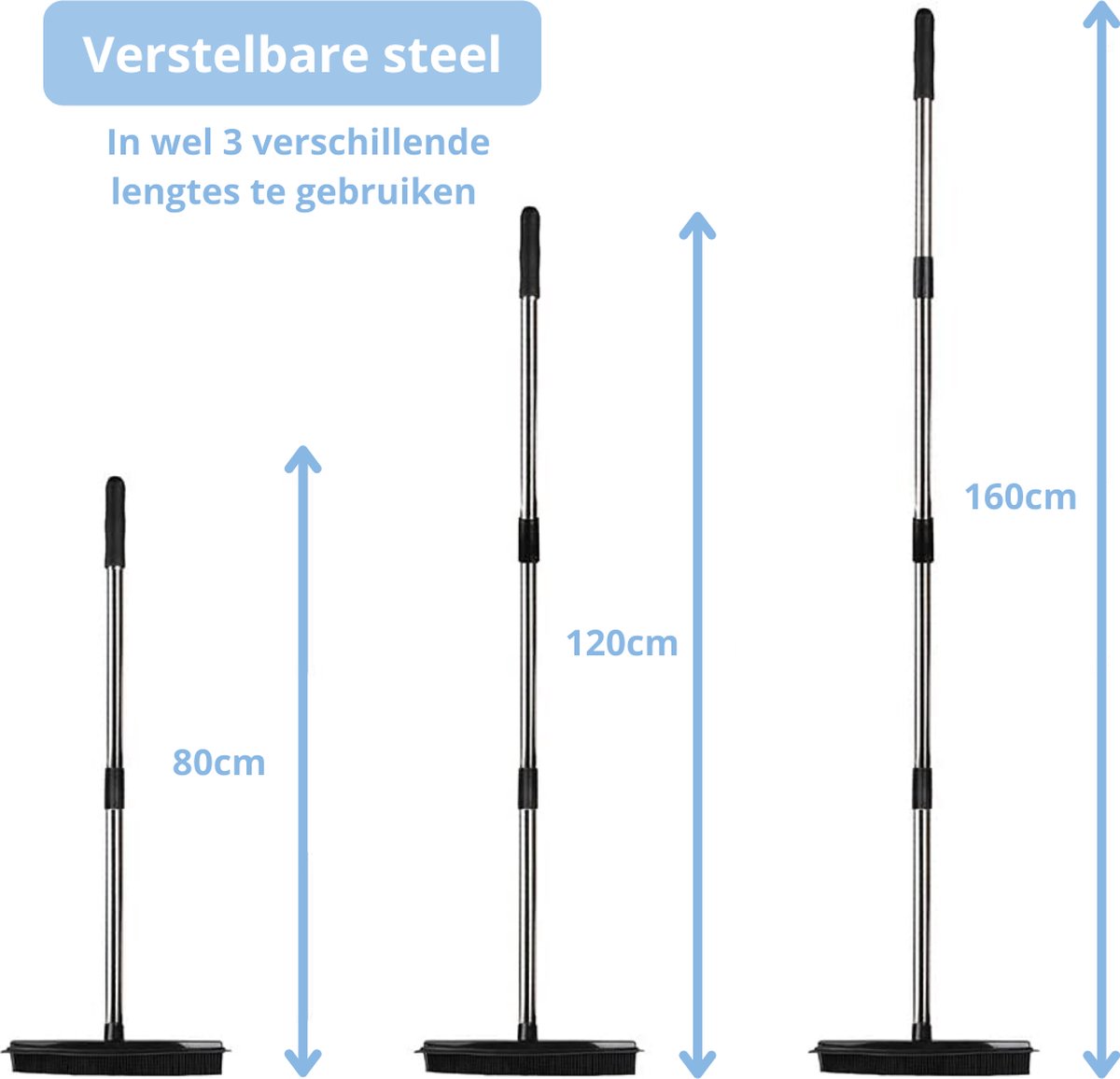  2 In 1 Rubberen Bezem – Bezem Binnen &amp; Buiten – Vloerwisser Met Steel - Met Huisdierhaar Verwijderaar - Vloertrekker – Veger - Extra Lang 160cm