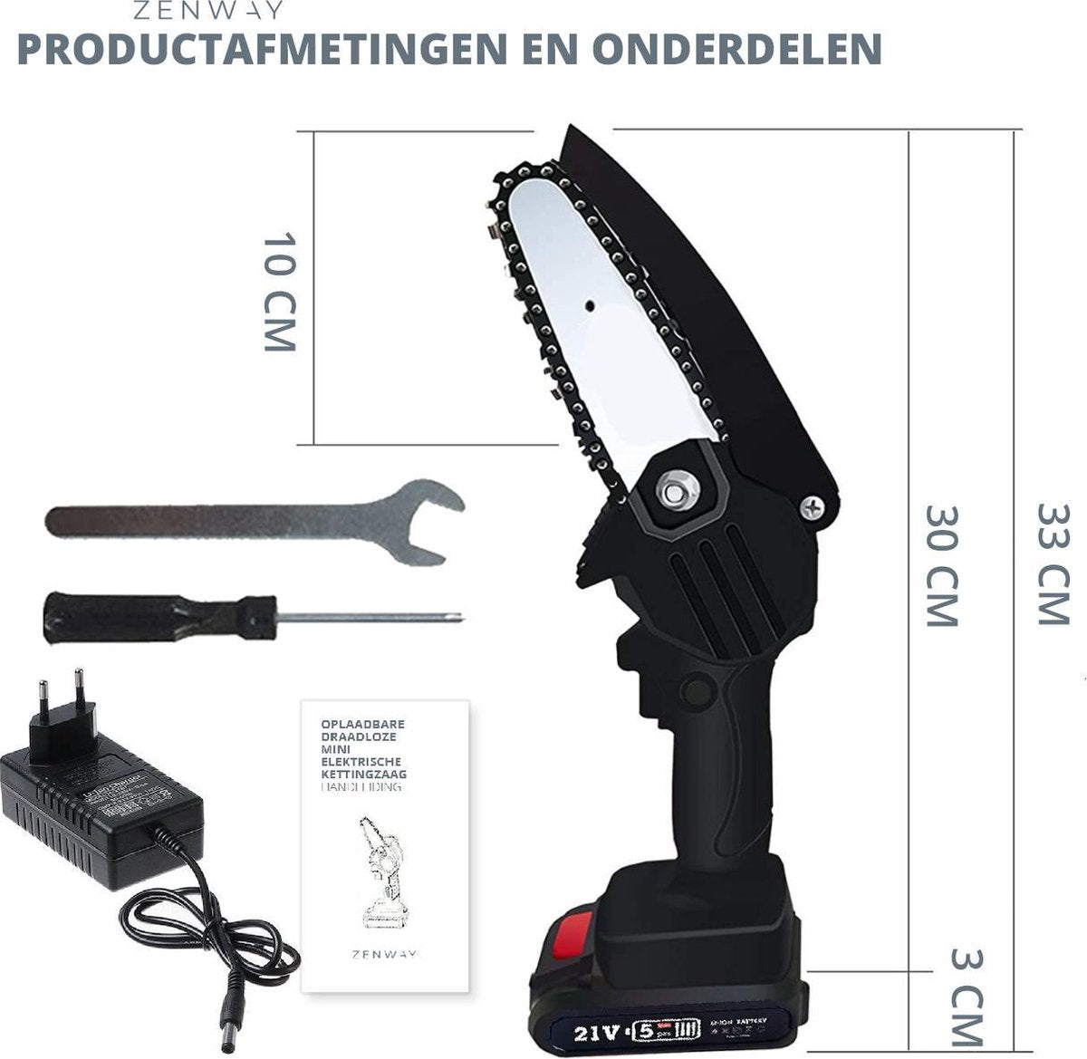  Zenway - Mini Kettingzaag - Snoeizaag - Kettingzaag - Kettingzaag Elektrisch Met 1 Accu- Inclusief Koffer - 1 Extra Accu - Zwart