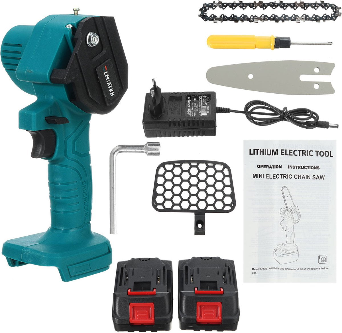 Merkloos Mini Accu Kettingzaag - 4 Inch Elektrische Boomzaag - Handkettingzaag - Met 2 Accu En 1 Oplader - Voor Tuinboom Ranch Bomen Snijden Hout- Blauw