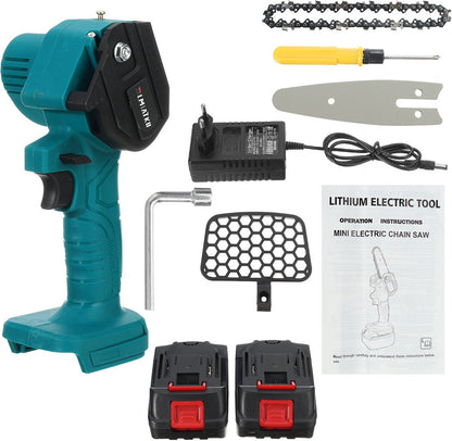 Merkloos Mini Accu Kettingzaag - 4 Inch Elektrische Boomzaag - Handkettingzaag - Met 2 Accu En 1 Oplader - Voor Tuinboom Ranch Bomen Snijden Hout- Blauw