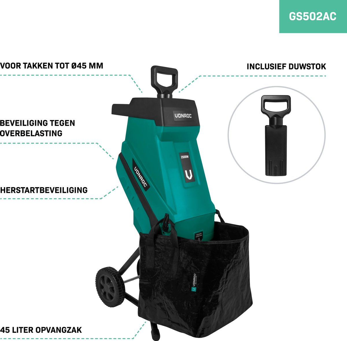  VONROC Hakselaar/Shredder 2500W – Voor Takken Tot Ø45mm – Incl. 45L Opvangzak &amp; Duwstok