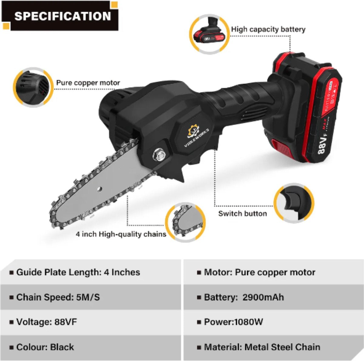  Violeworks® Accu Kettingzaag - Snoeizaag - Mini Kettingzaag - Handkettingzaag - Ook Voor Makita - Elektrische Kettingzaag - Elektrische Snoeischaar - Op Batterij - 2900 MAh - 1080W - 88V