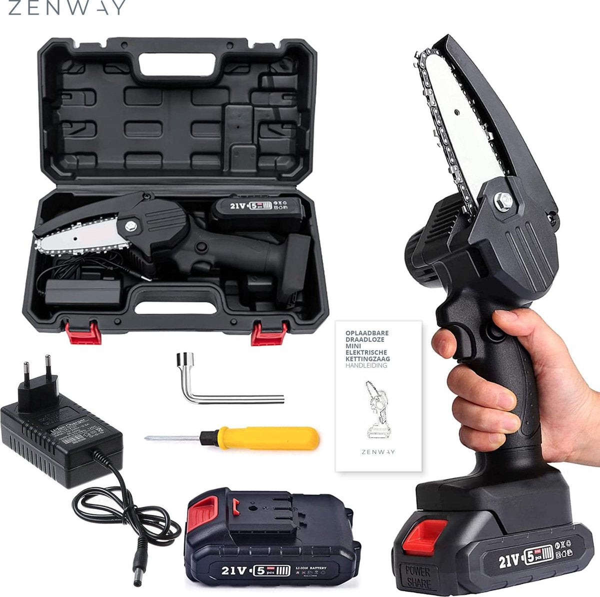  Zenway - Mini Kettingzaag - Snoeizaag - Kettingzaag - Kettingzaag Elektrisch Met 1 Accu- Inclusief Koffer - 1 Extra Accu - Zwart
