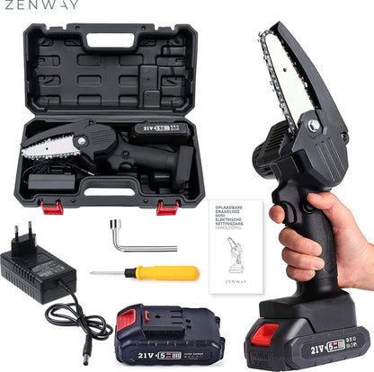  Zenway - Mini Kettingzaag - Snoeizaag - Kettingzaag - Kettingzaag Elektrisch Met 1 Accu- Inclusief Koffer - 1 Extra Accu - Zwart