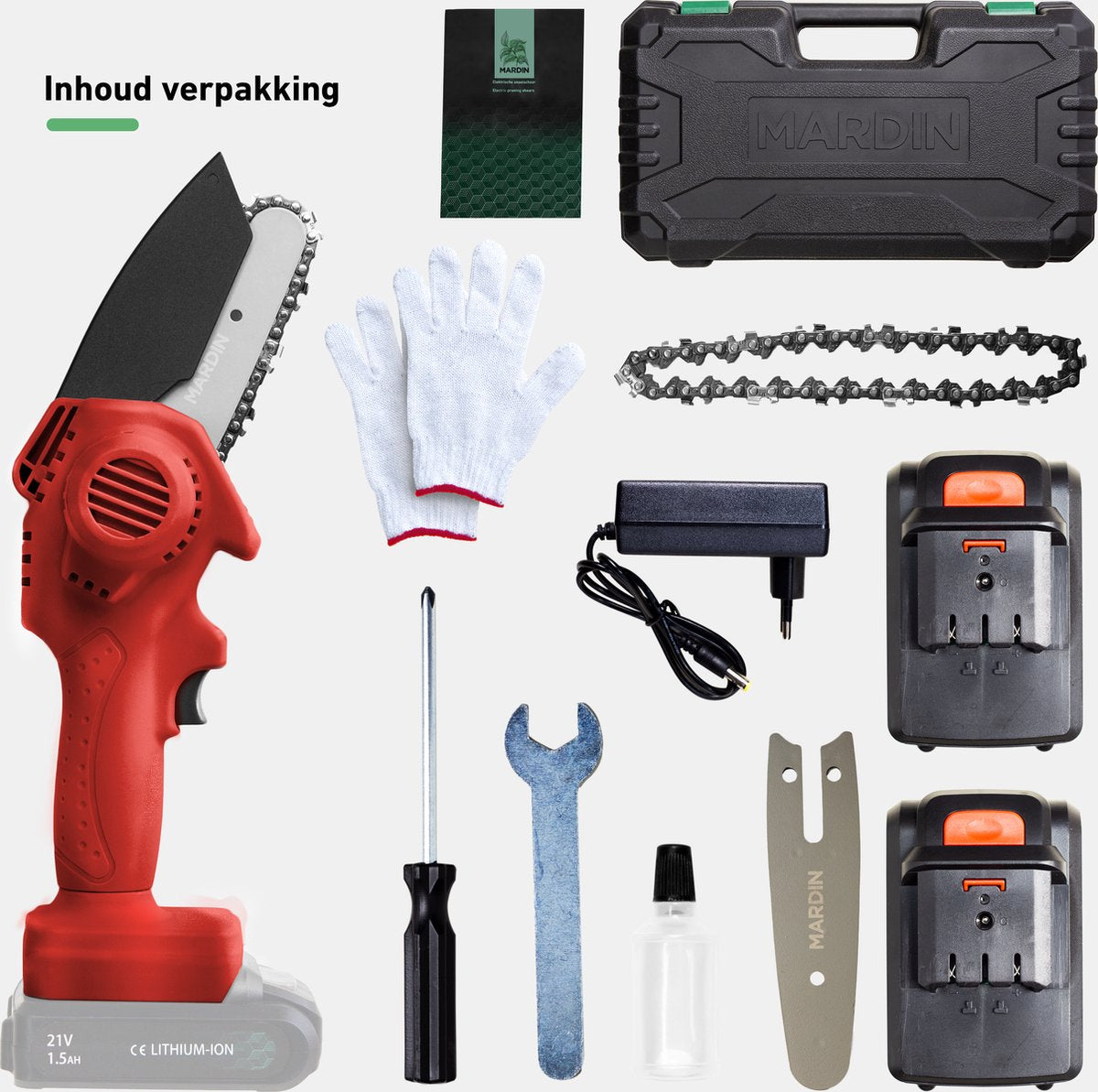  Mardin Mini Kettingzaag - Snoeizaag - Kettingzaag - Kettingzaag Electrisch Met 2 Accu - Inclusief Koffer - 1 Extra Accu - Rood