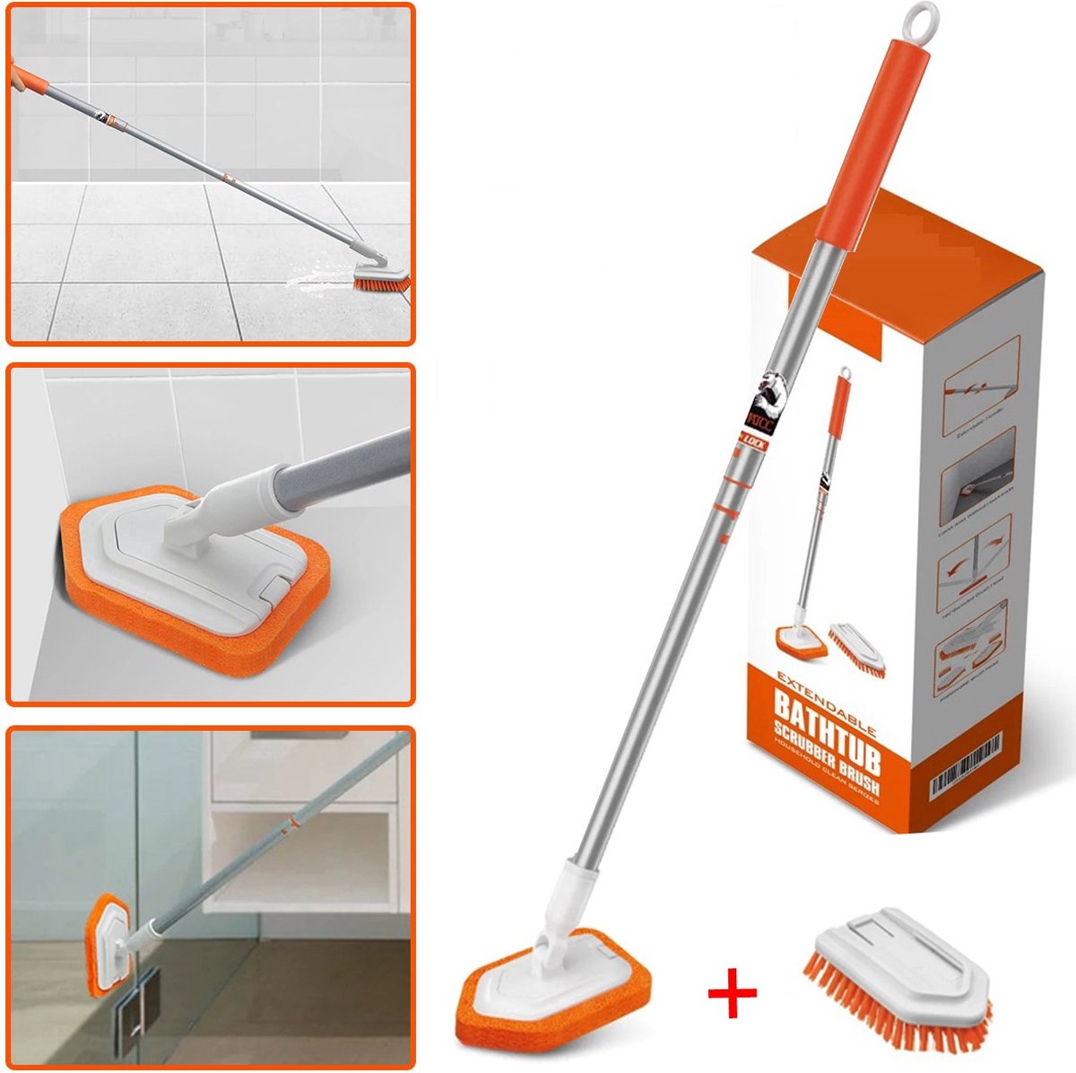Merkloos Vloerschrobber - Bad Tegel Borstel Scrubber - Met 107cm Verstelbaar Lange - Voor Reiniging Badkamer Keuken Keramische Tegel - Oranje -Moederdag Cadeautje