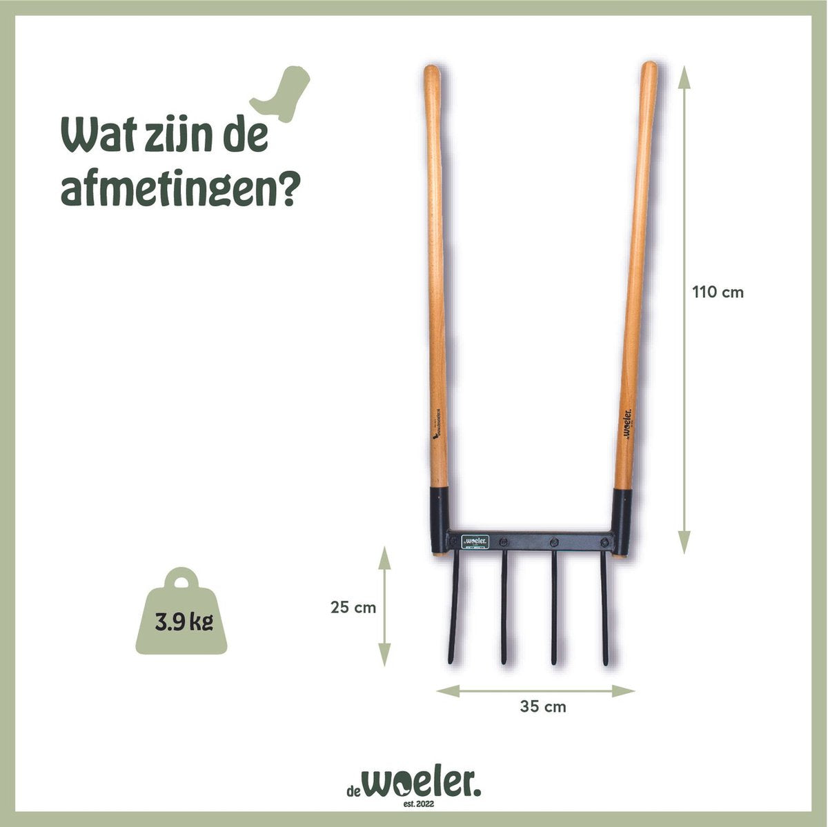  De Woeler - DW4 - Woelvork/!Grelinette - Spitvork/Tuinwoeler/Spade - Roestvrij - Ergonomisch - FSC Hout - 6 Jaar Garantie
