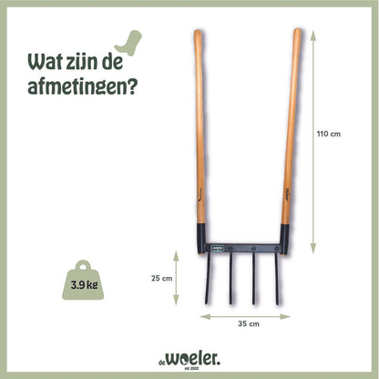  De Woeler - DW4 - Woelvork/!Grelinette - Spitvork/Tuinwoeler/Spade - Roestvrij - Ergonomisch - FSC Hout - 6 Jaar Garantie