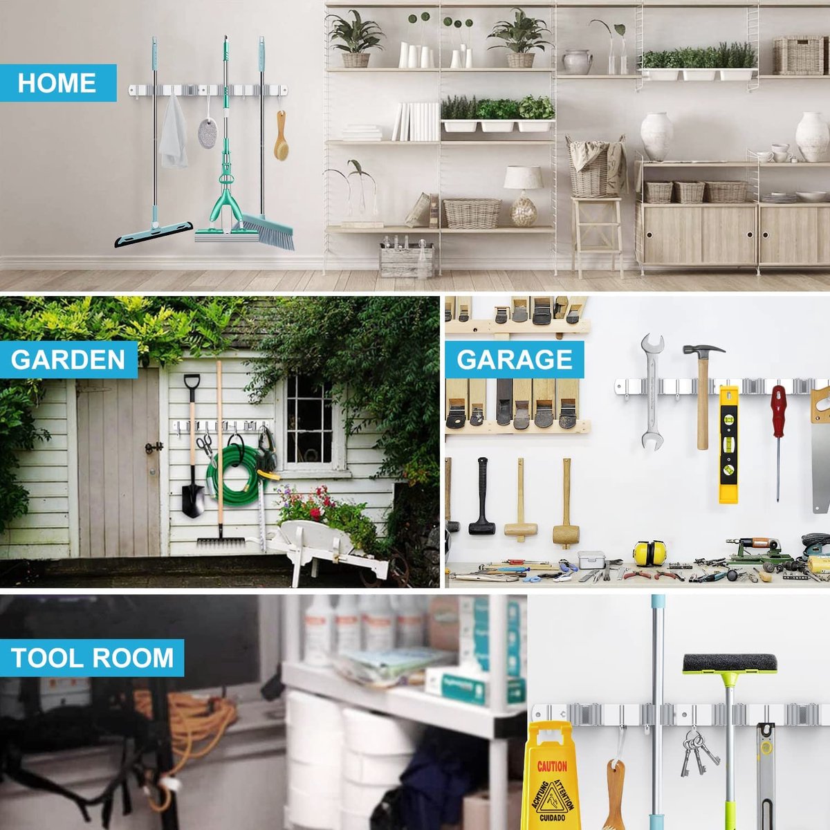  BOTC Bezemhouder - 5 Houders 6 Haken Bezem Ophangsysteem - Zeflklevend - Opbergsysteem - Ophanghaken - Tuingereedschap - Gereedschap Opbergen