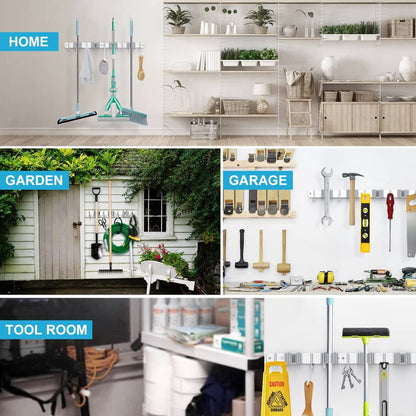  BOTC Bezemhouder - 5 Houders 6 Haken Bezem Ophangsysteem - Zeflklevend - Opbergsysteem - Ophanghaken - Tuingereedschap - Gereedschap Opbergen